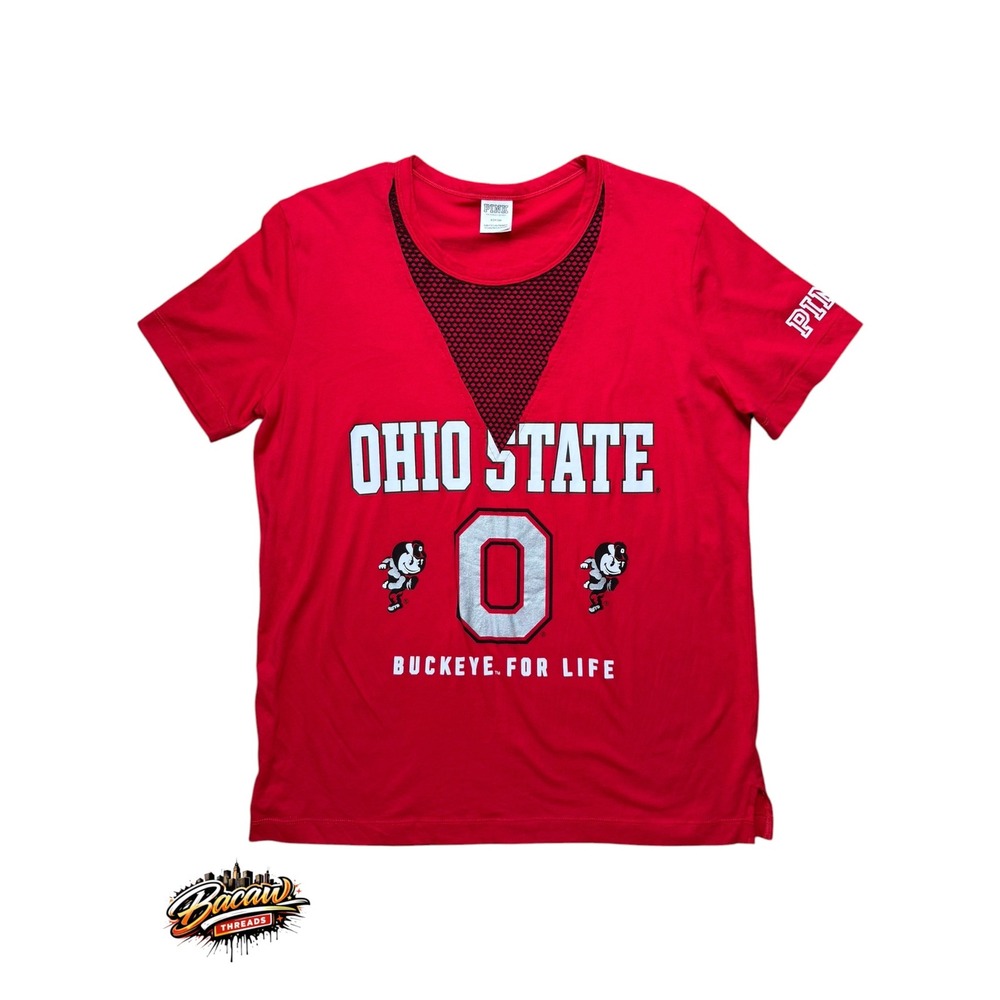 Victoria's Secret PINK Ohio State Buckeyes Red Mesh V-Neck T-Shirt Small OSU